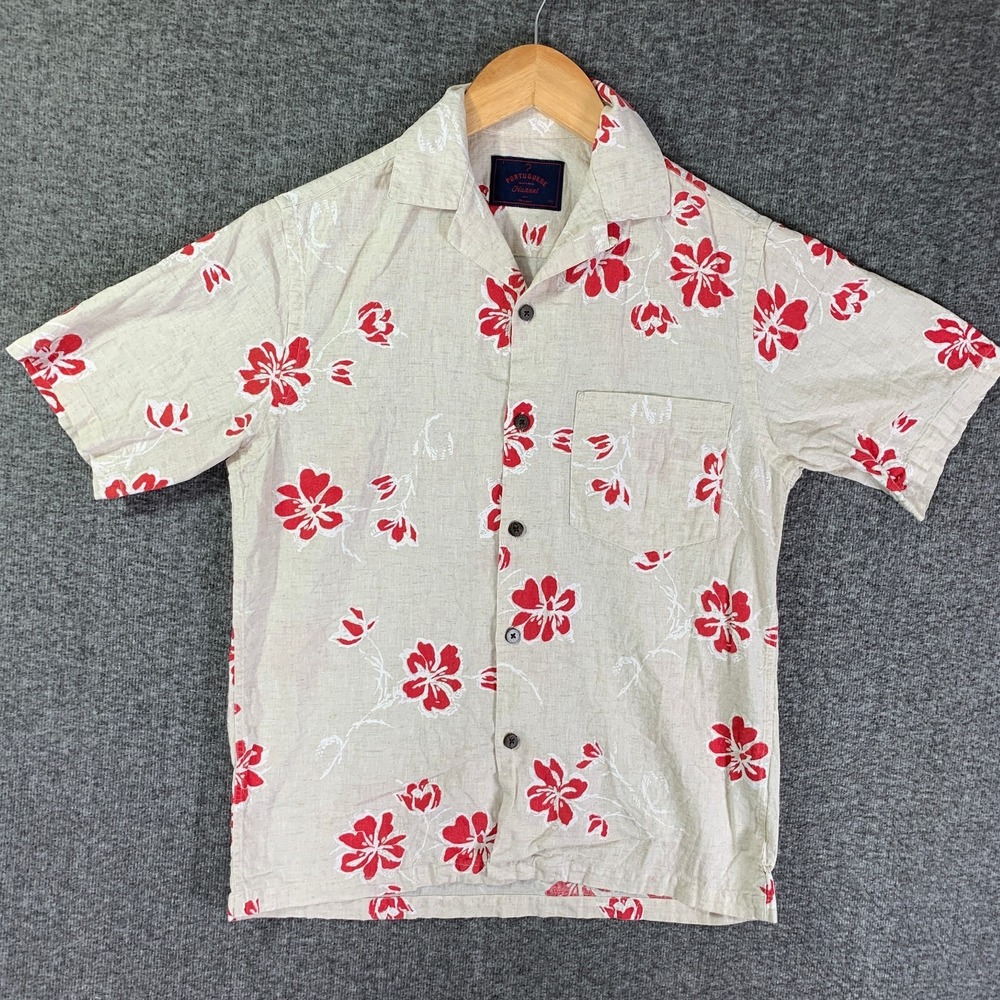 Portuguese Flannel Shirt Men Extra Small Floral Camp Short Sleeve Coastal Linen